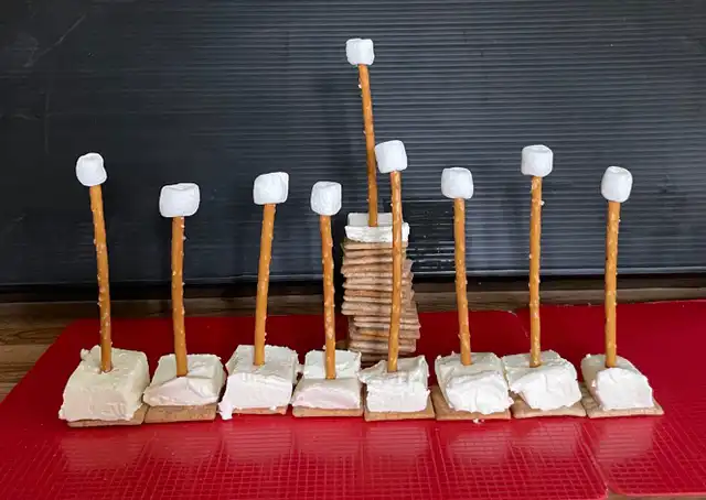 Edible menorah made of pretzels and marshmallows