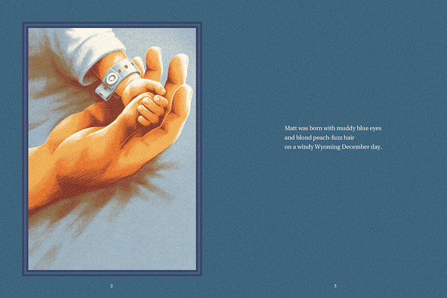 Illustration of Matthew Shepard's newborn hand holding an adult's thumb